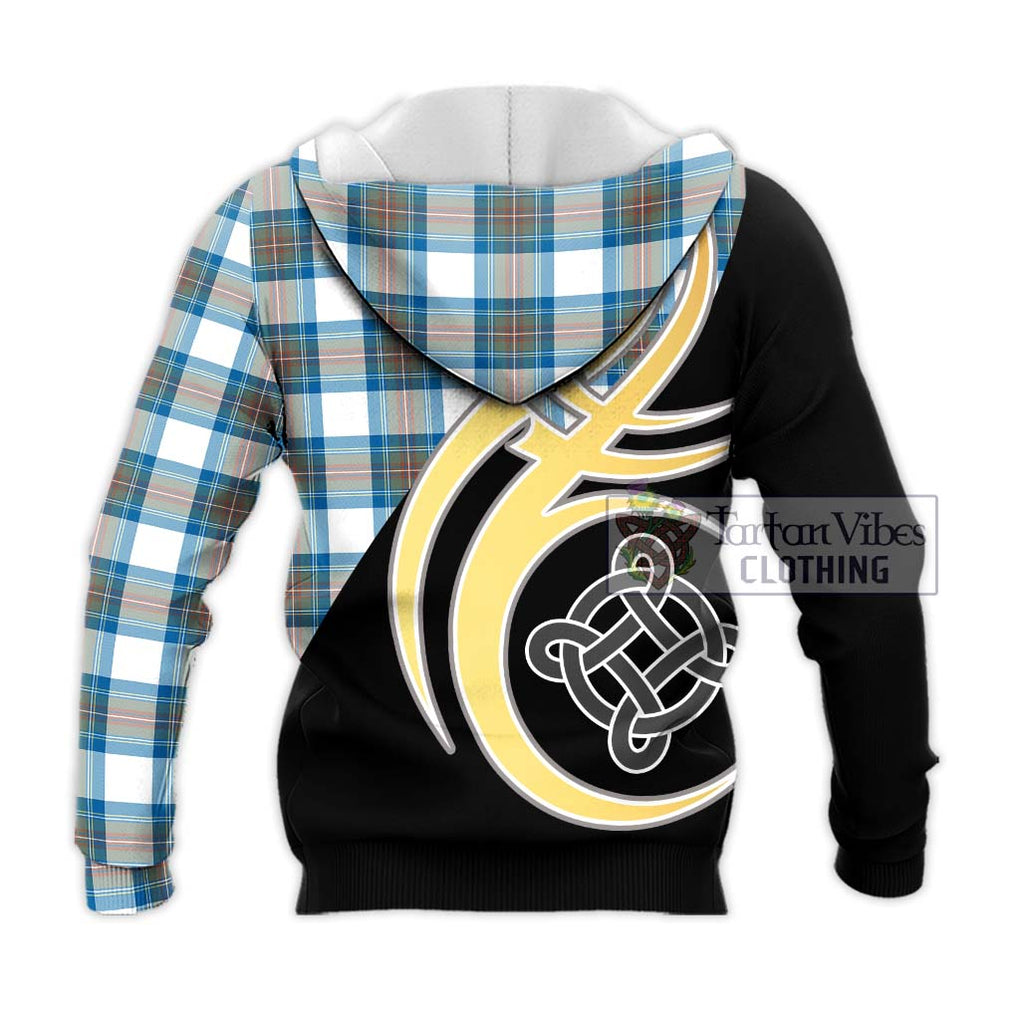 Stewart Muted Blue Tartan Knitted Hoodie with Family Crest and Celtic Symbol Style - Tartan Vibes Clothing