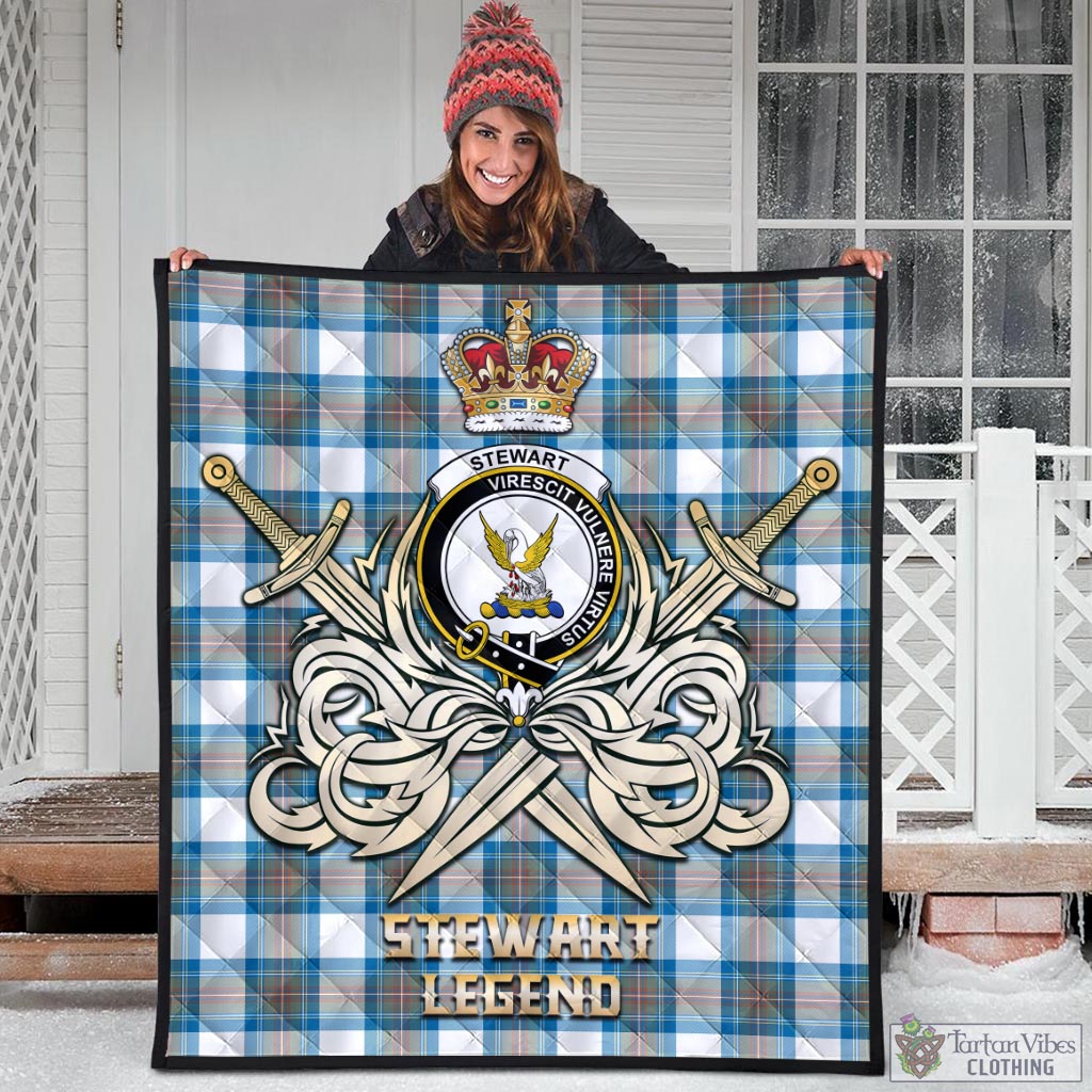 Tartan Vibes Clothing Stewart Muted Blue Tartan Quilt with Clan Crest and the Golden Sword of Courageous Legacy