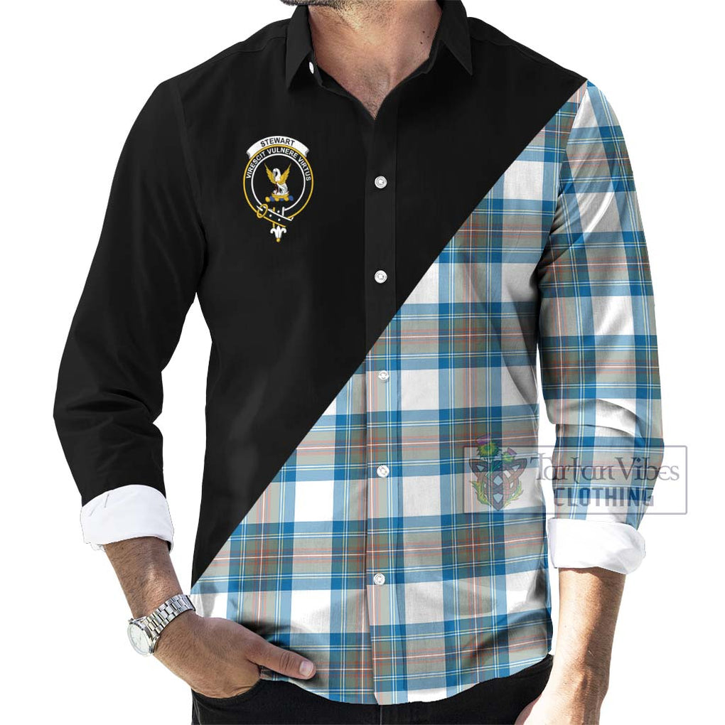 Stewart Muted Blue Tartan Long Sleeve Button Shirt with Family Crest and Military Logo Style - Tartanvibesclothing Shop