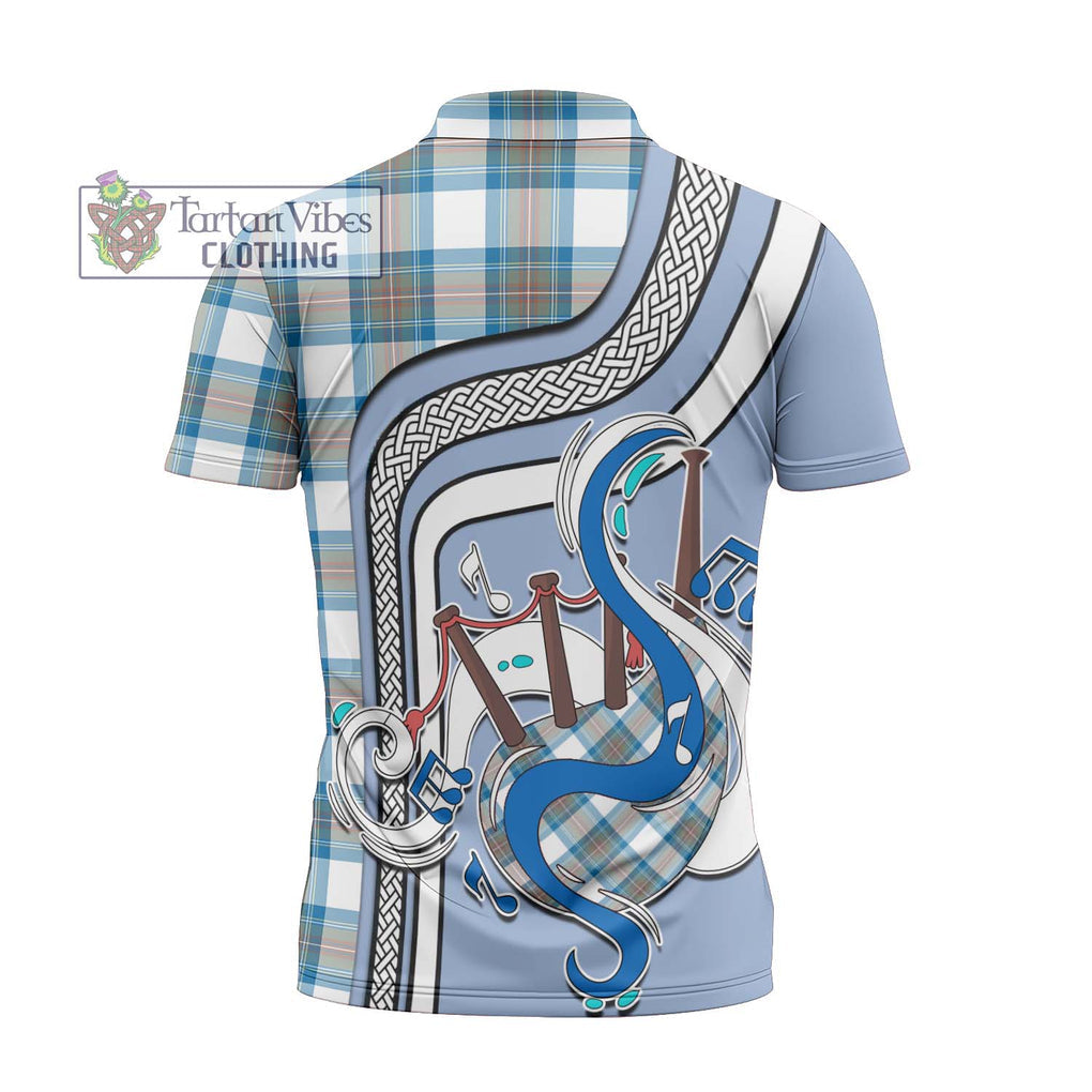 Stewart Muted Blue Tartan Zipper Polo Shirt with Epic Bagpipe Style - Tartanvibesclothing Shop