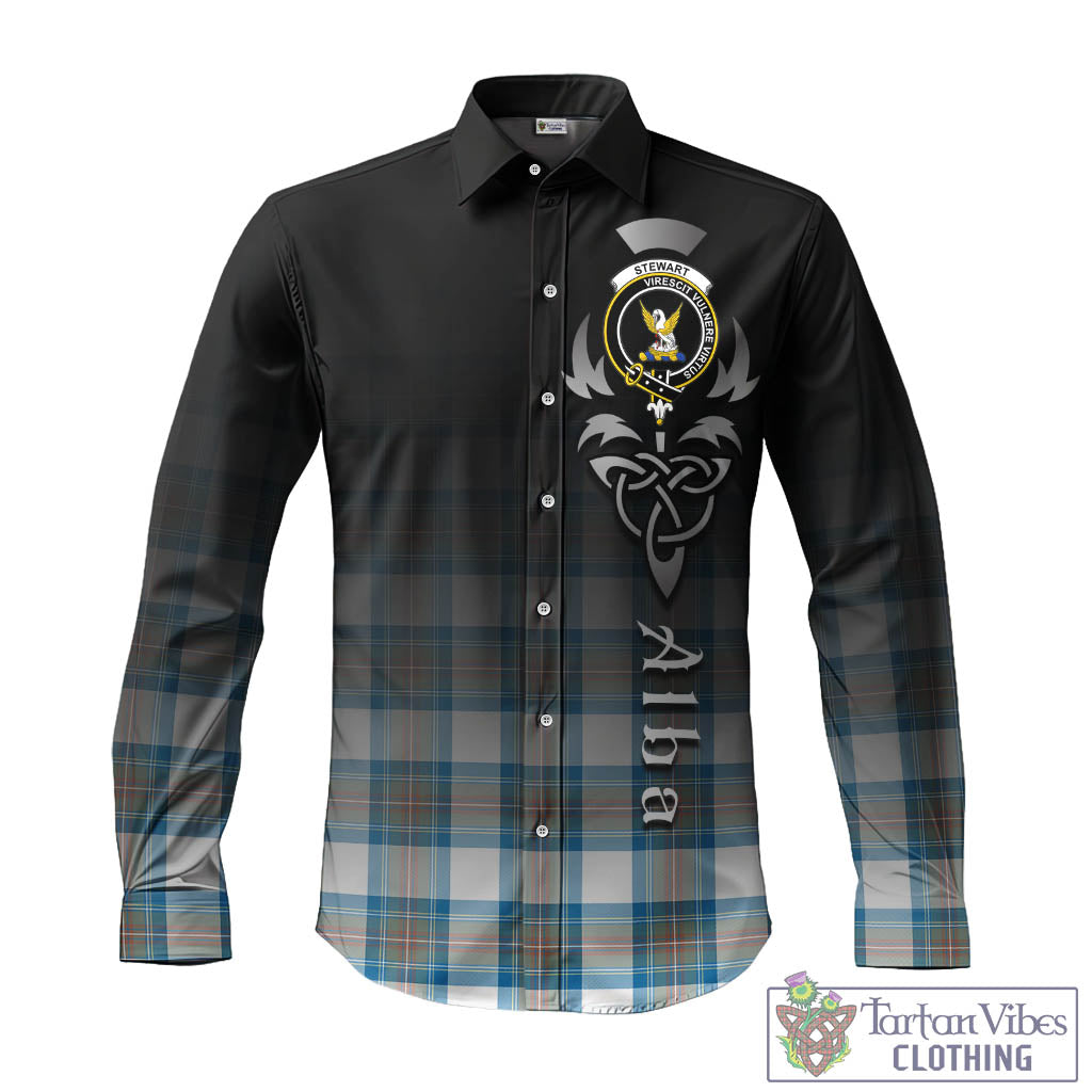 Tartan Vibes Clothing Stewart Muted Blue Tartan Long Sleeve Button Up Featuring Alba Gu Brath Family Crest Celtic Inspired