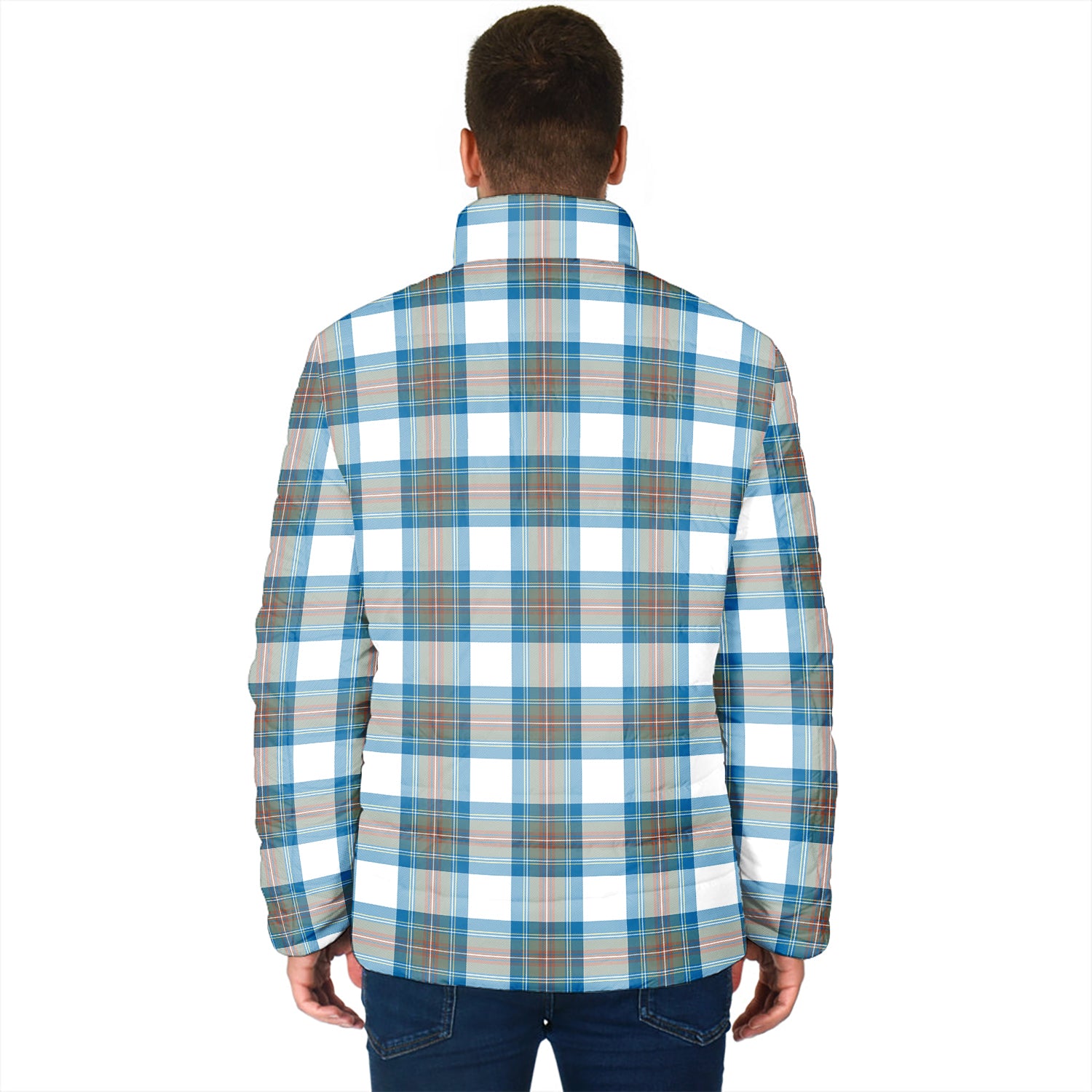 Stewart Muted Blue Tartan Padded Jacket with Family Crest - Tartan Vibes Clothing