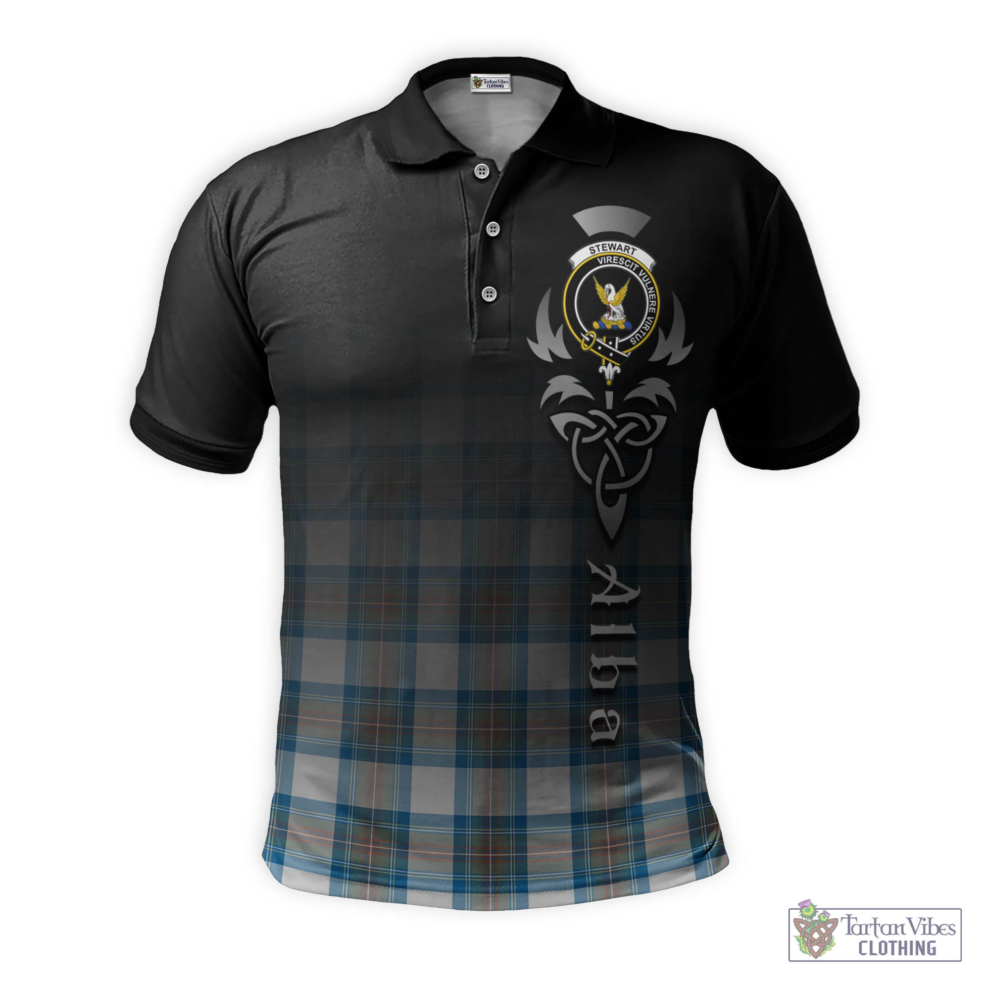 Tartan Vibes Clothing Stewart Muted Blue Tartan Polo Shirt Featuring Alba Gu Brath Family Crest Celtic Inspired