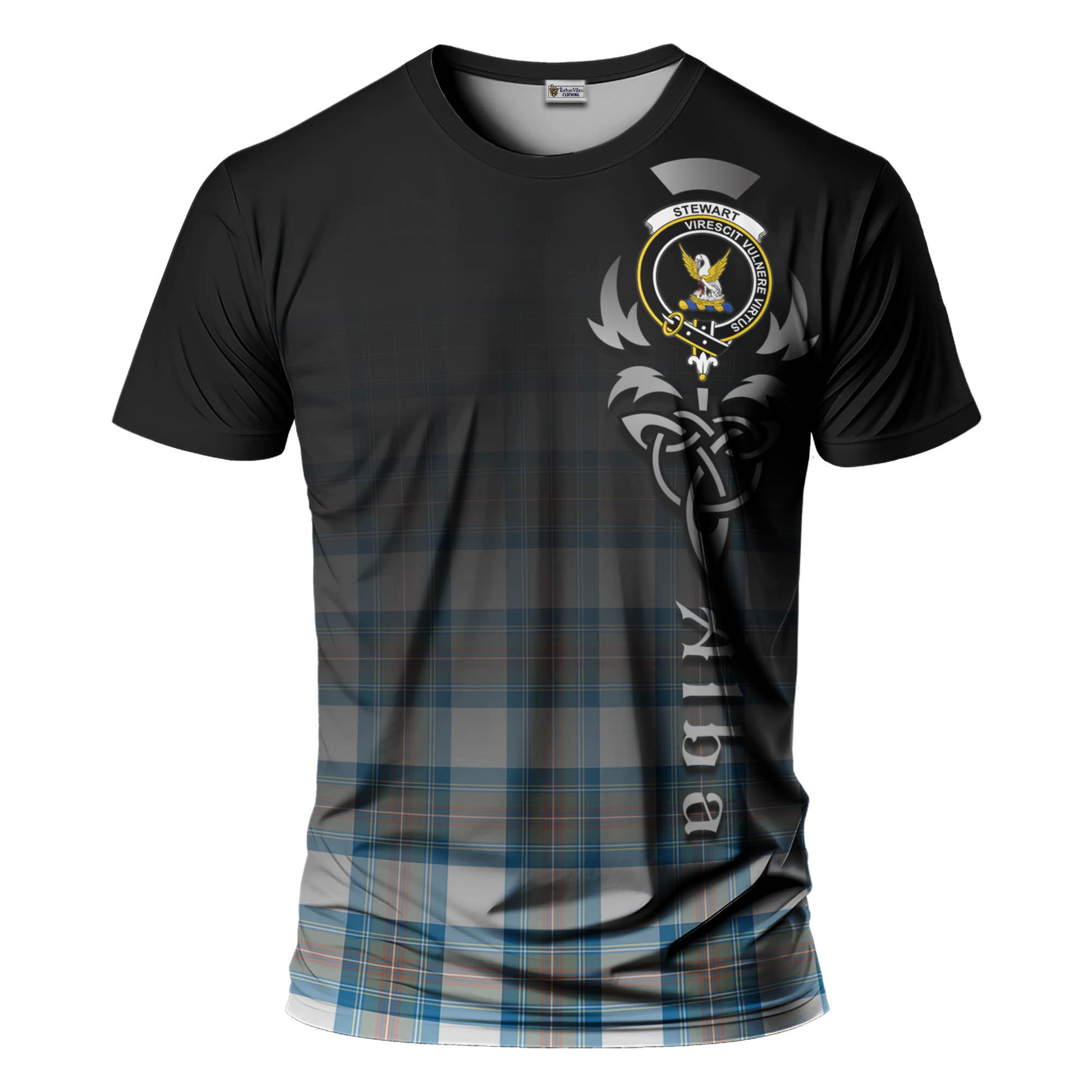 Tartan Vibes Clothing Stewart Muted Blue Tartan T-Shirt Featuring Alba Gu Brath Family Crest Celtic Inspired