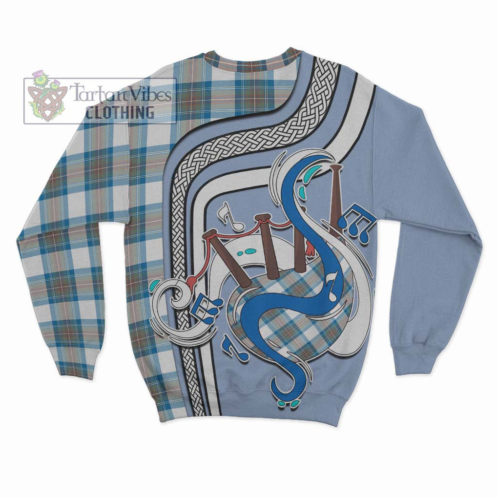 Tartan Vibes Clothing Stewart Muted Blue Tartan Sweatshirt with Epic Bagpipe Style