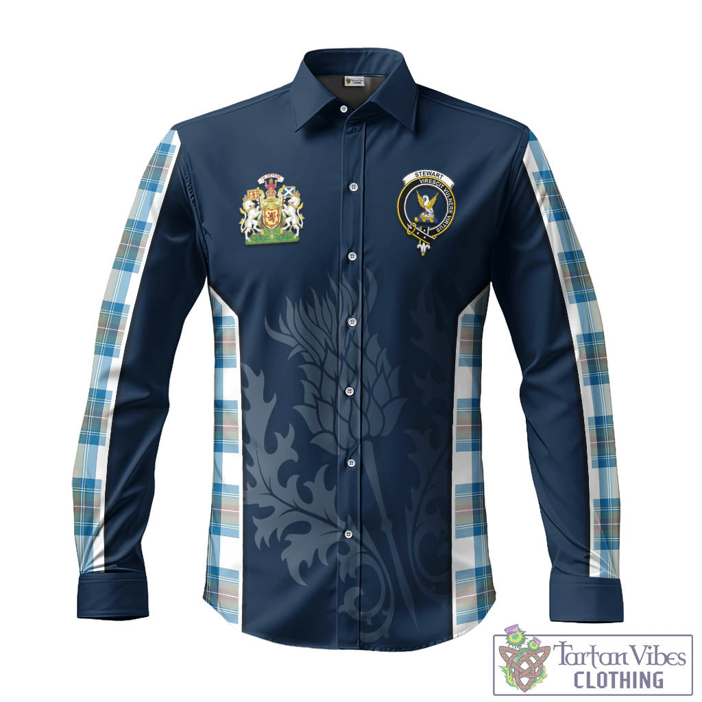 Tartan Vibes Clothing Stewart Muted Blue Tartan Long Sleeve Button Up Shirt with Family Crest and Scottish Thistle Vibes Sport Style