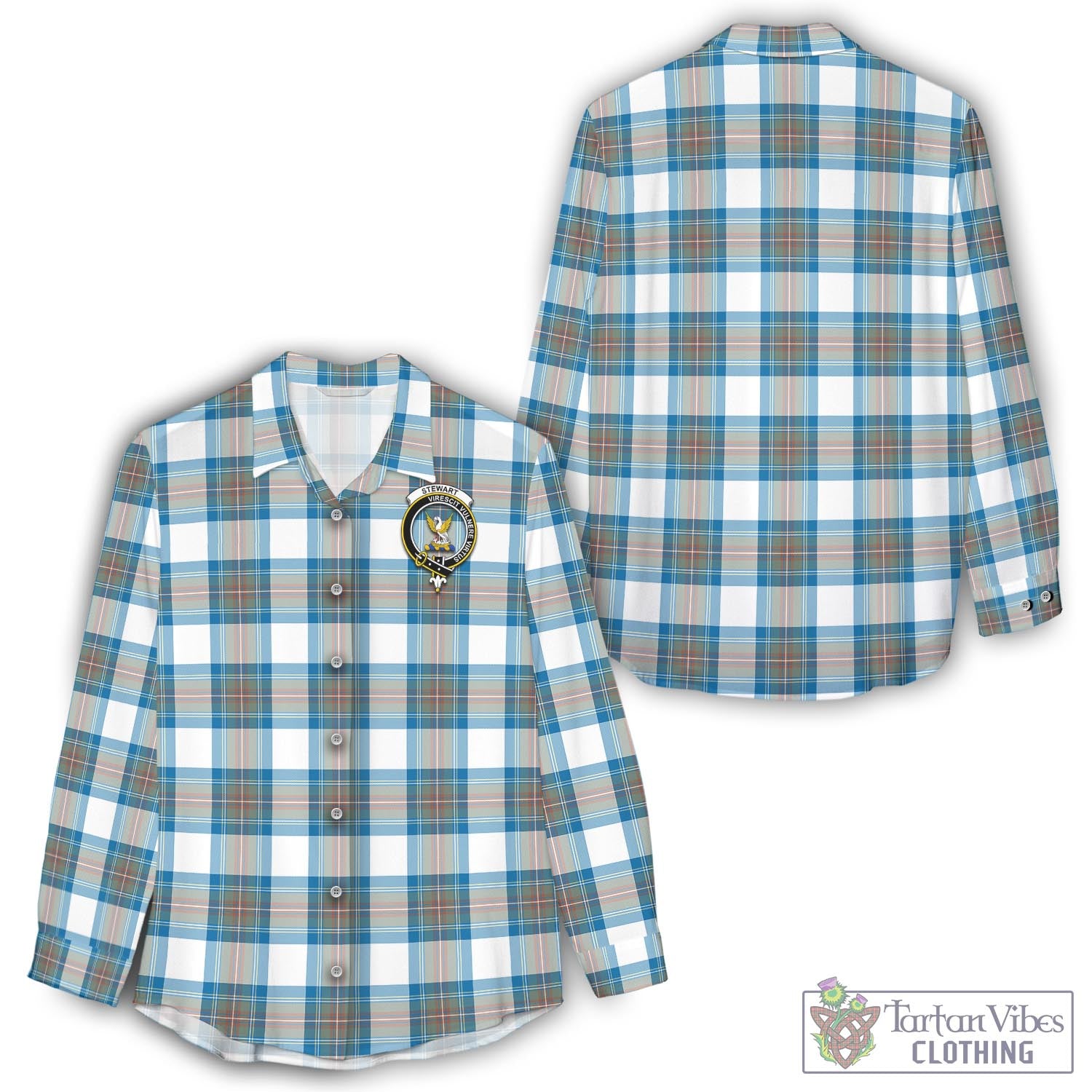 Tartan Vibes Clothing Stewart Muted Blue Tartan Womens Casual Shirt with Family Crest