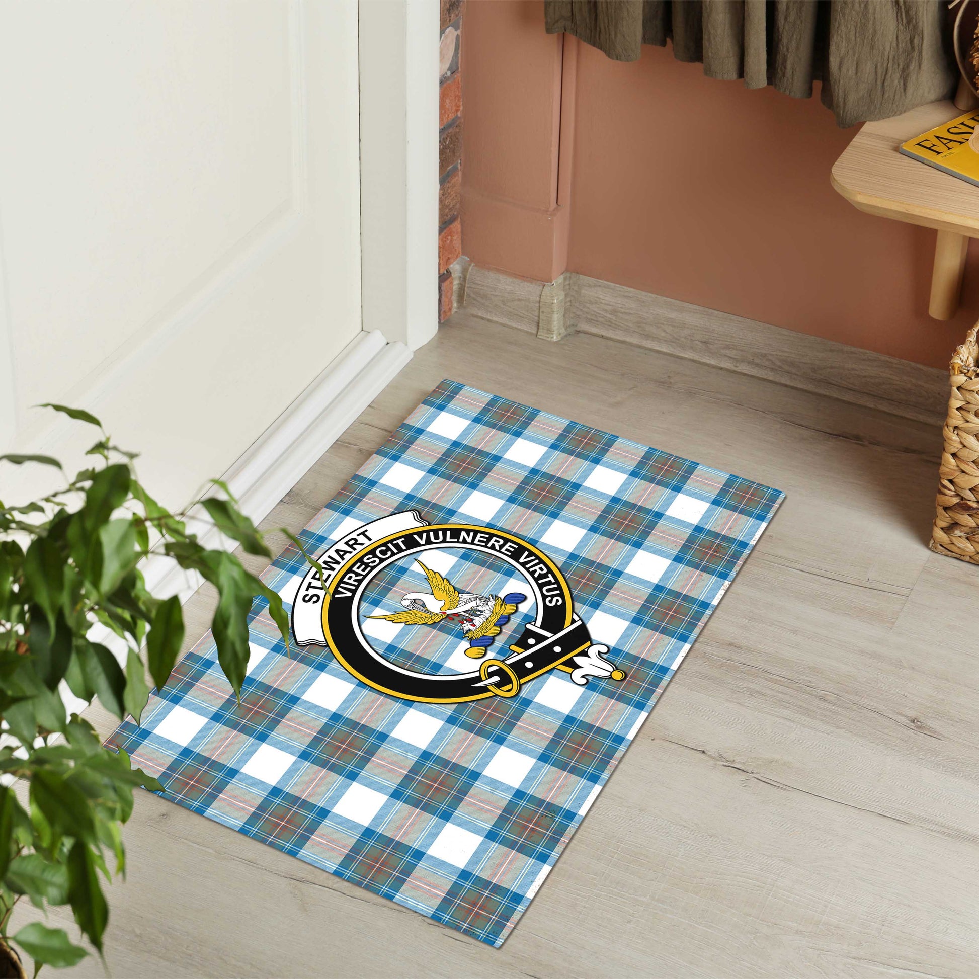 Stewart Muted Blue Tartan Door Mat with Family Crest - Tartanvibesclothing Shop