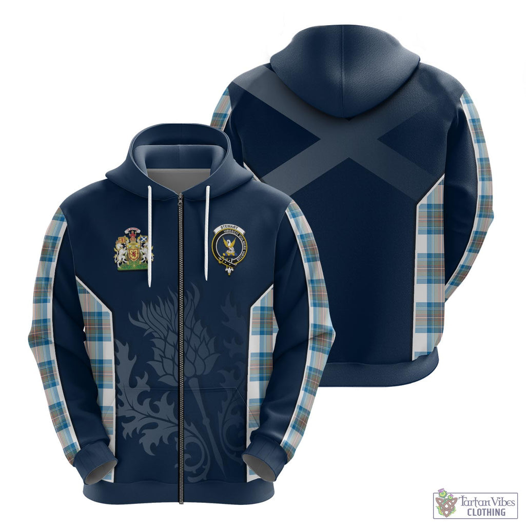 Tartan Vibes Clothing Stewart Muted Blue Tartan Hoodie with Family Crest and Scottish Thistle Vibes Sport Style