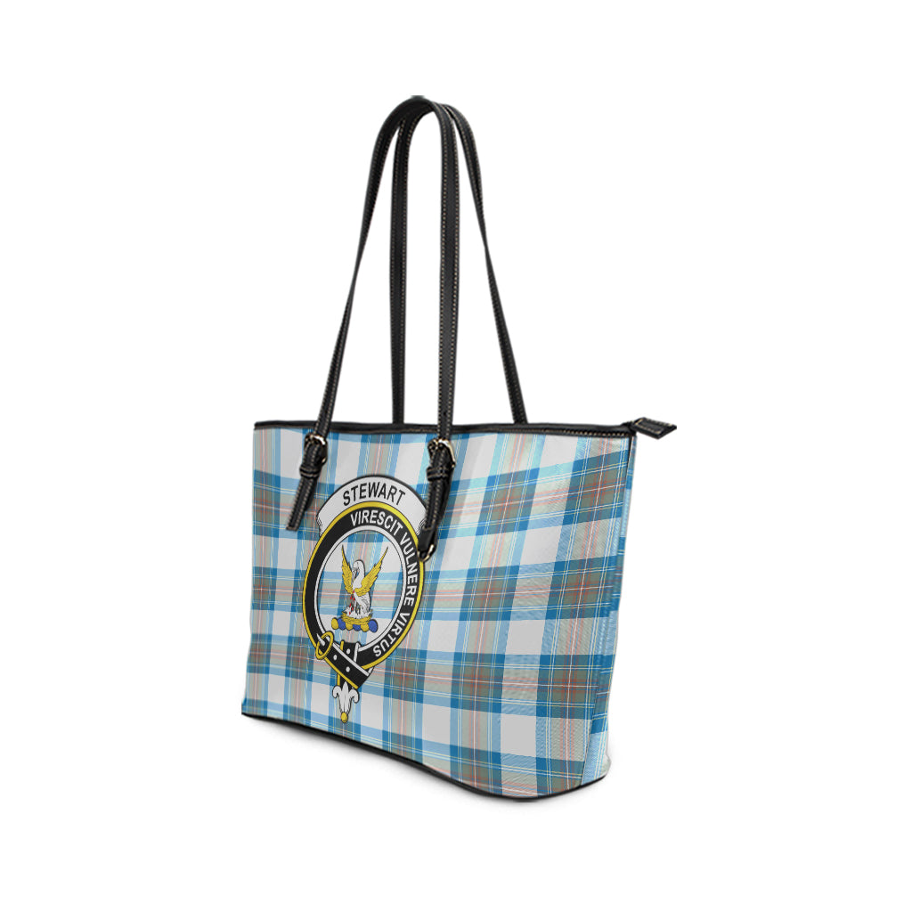 Stewart Muted Blue Tartan Leather Tote Bag with Family Crest - Tartan Vibes Clothing