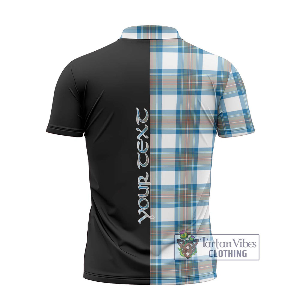 Stewart Muted Blue Tartan Zipper Polo Shirt with Family Crest and Half Of Me Style - Tartanvibesclothing Shop