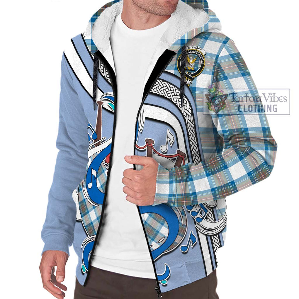 Stewart Muted Blue Tartan Sherpa Hoodie with Epic Bagpipe Style Unisex - Tartanvibesclothing Shop