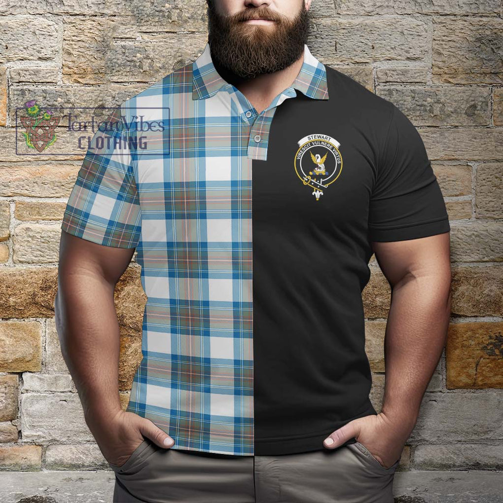 Stewart Muted Blue Tartan Polo Shirt with Family Crest and Half Of Me Style - Tartanvibesclothing Shop