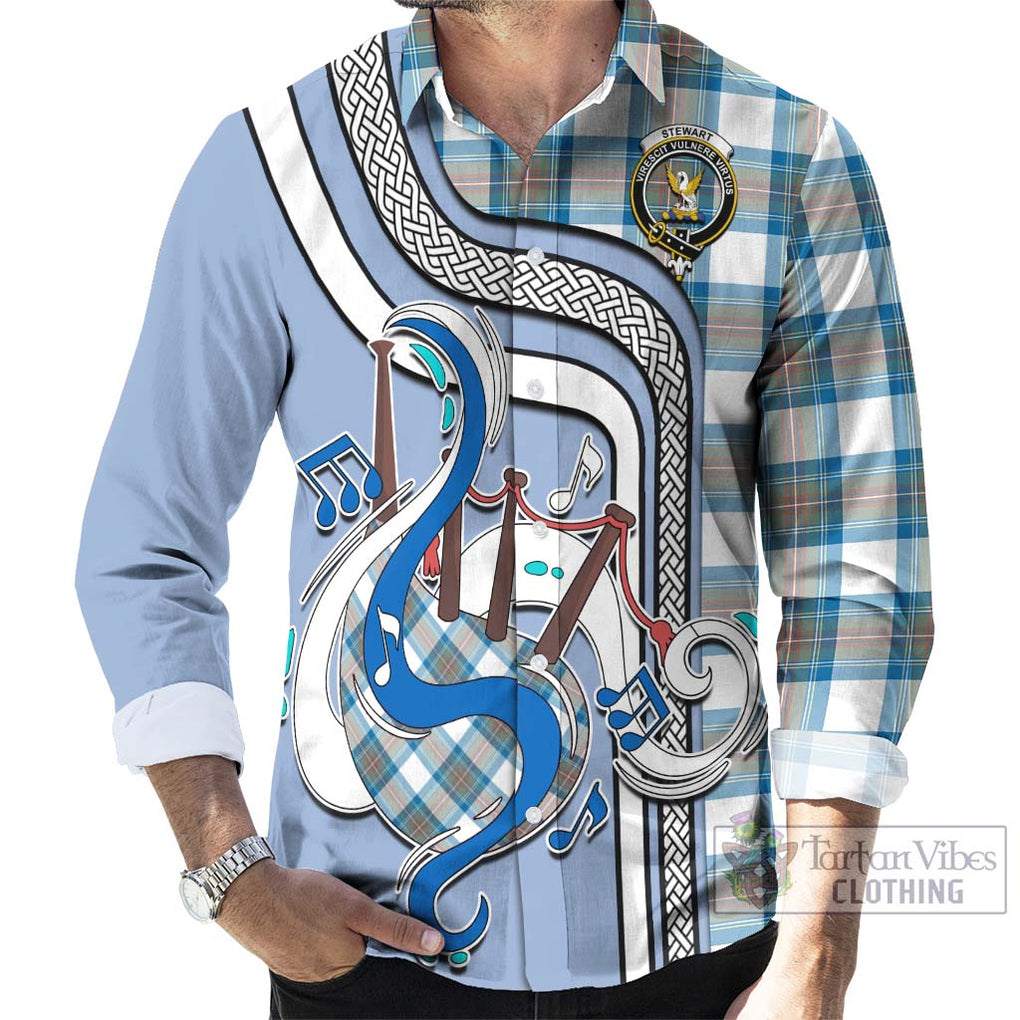 Stewart Muted Blue Tartan Long Sleeve Button Shirt with Epic Bagpipe Style - Tartanvibesclothing Shop