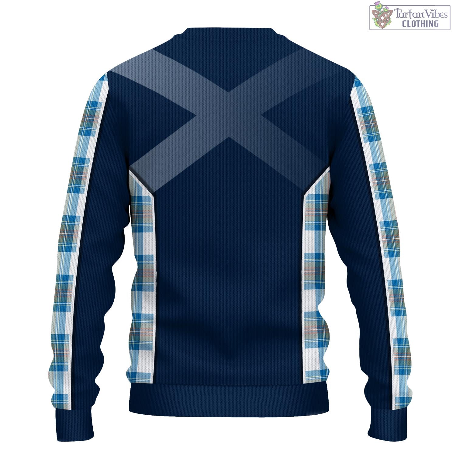 Tartan Vibes Clothing Stewart Muted Blue Tartan Knitted Sweatshirt with Family Crest and Scottish Thistle Vibes Sport Style