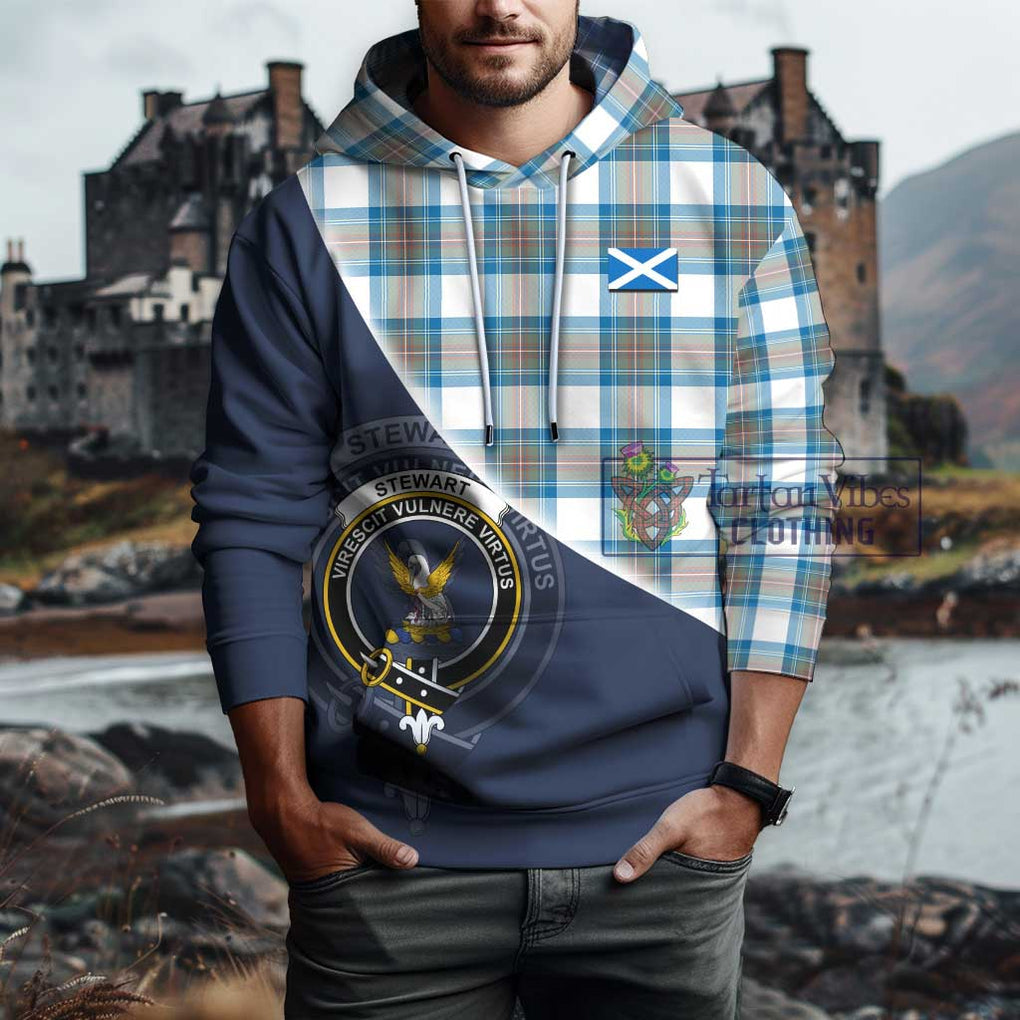 Stewart Muted Blue Tartan Hoodie with Personalised National Flag and Family Crest Half Style - Tartanvibesclothing Shop