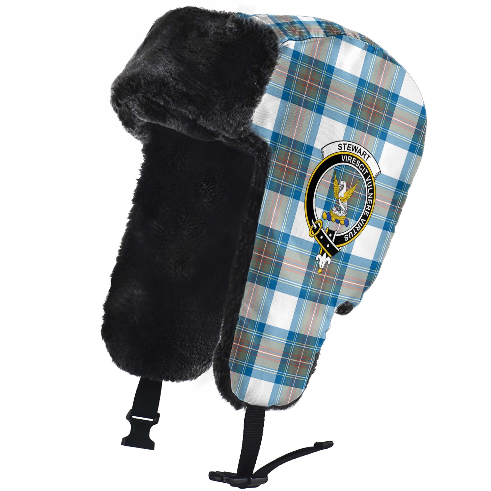 Stewart Muted Blue Tartan Winter Trapper Hat with Family Crest - Tartanvibesclothing