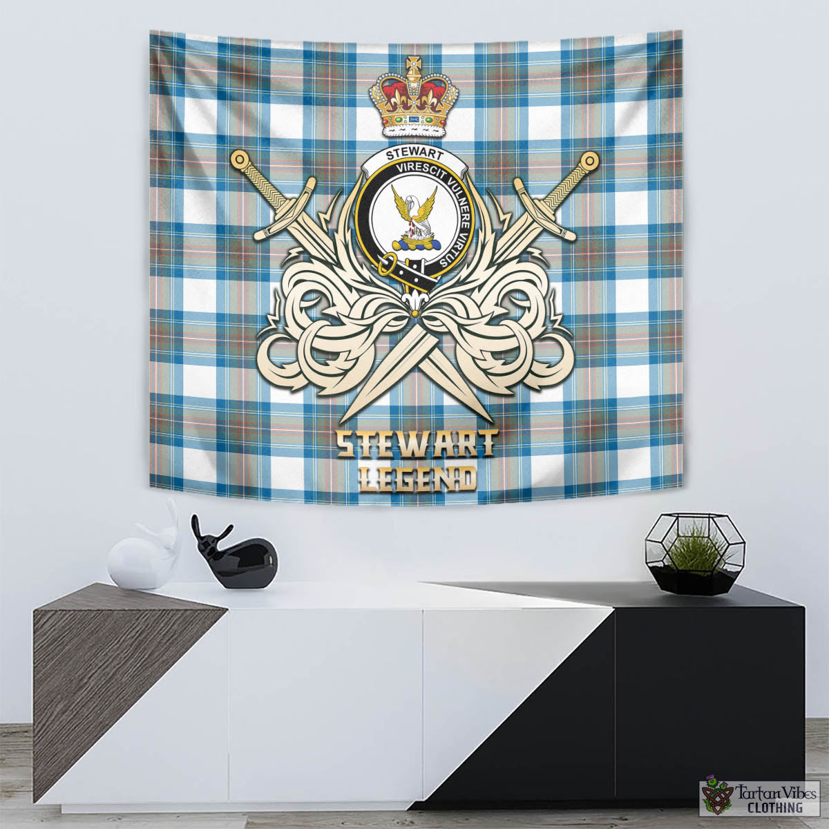 Tartan Vibes Clothing Stewart Muted Blue Tartan Tapestry with Clan Crest and the Golden Sword of Courageous Legacy