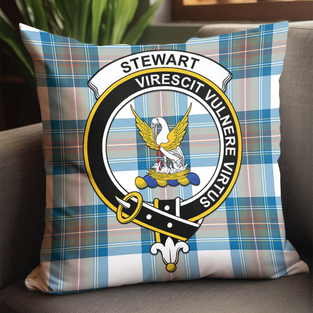 Stewart Muted Blue Tartan Pillow Cover with Family Crest - Tartanvibesclothing