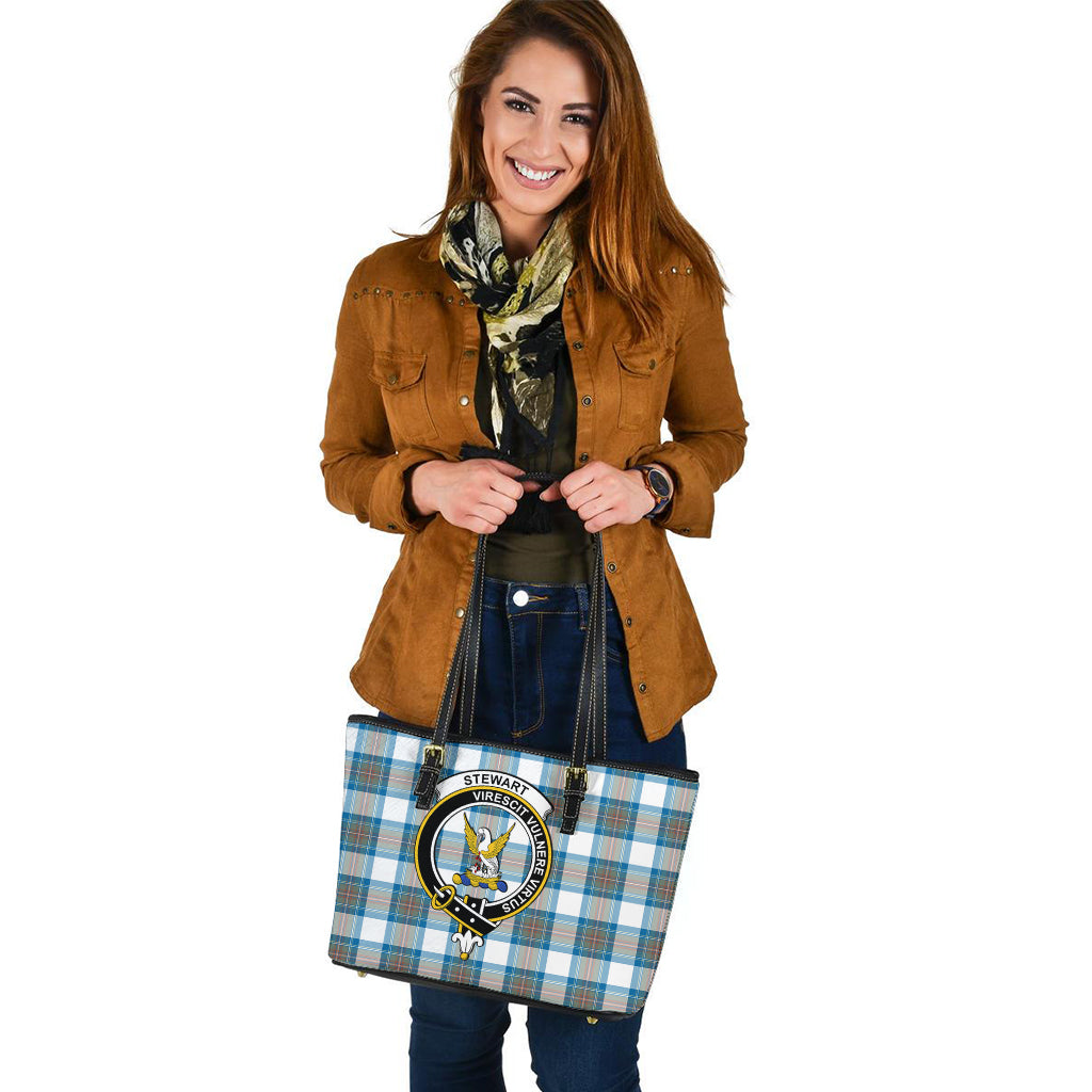 Stewart Muted Blue Tartan Leather Tote Bag with Family Crest - Tartan Vibes Clothing