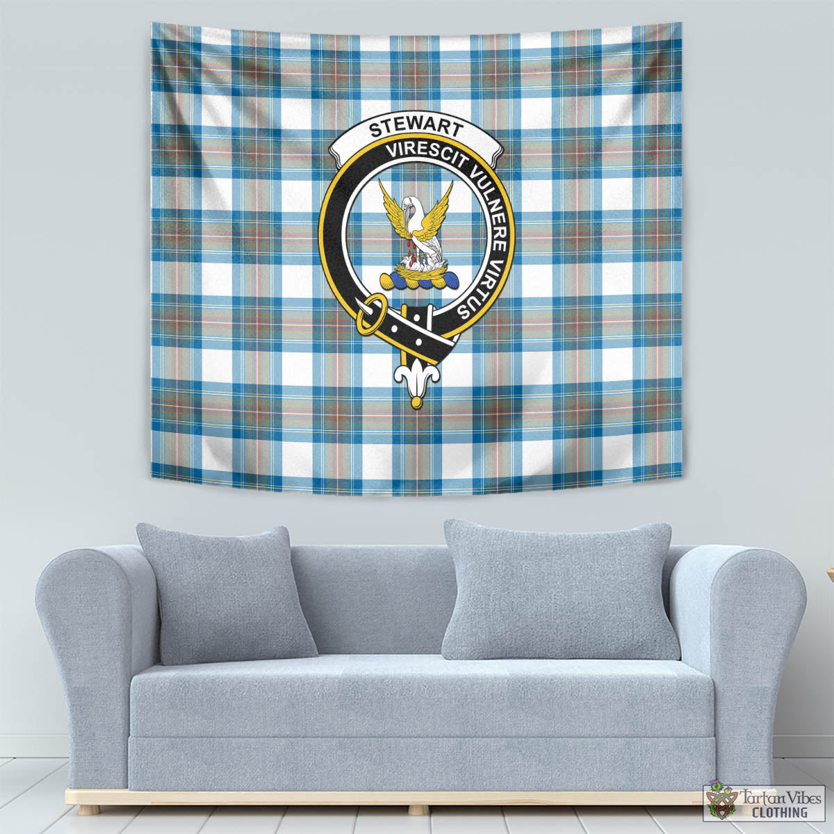 Tartan Vibes Clothing Stewart Muted Blue Tartan Tapestry Wall Hanging and Home Decor for Room with Family Crest