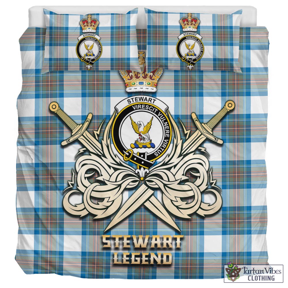 Tartan Vibes Clothing Stewart Muted Blue Tartan Bedding Set with Clan Crest and the Golden Sword of Courageous Legacy