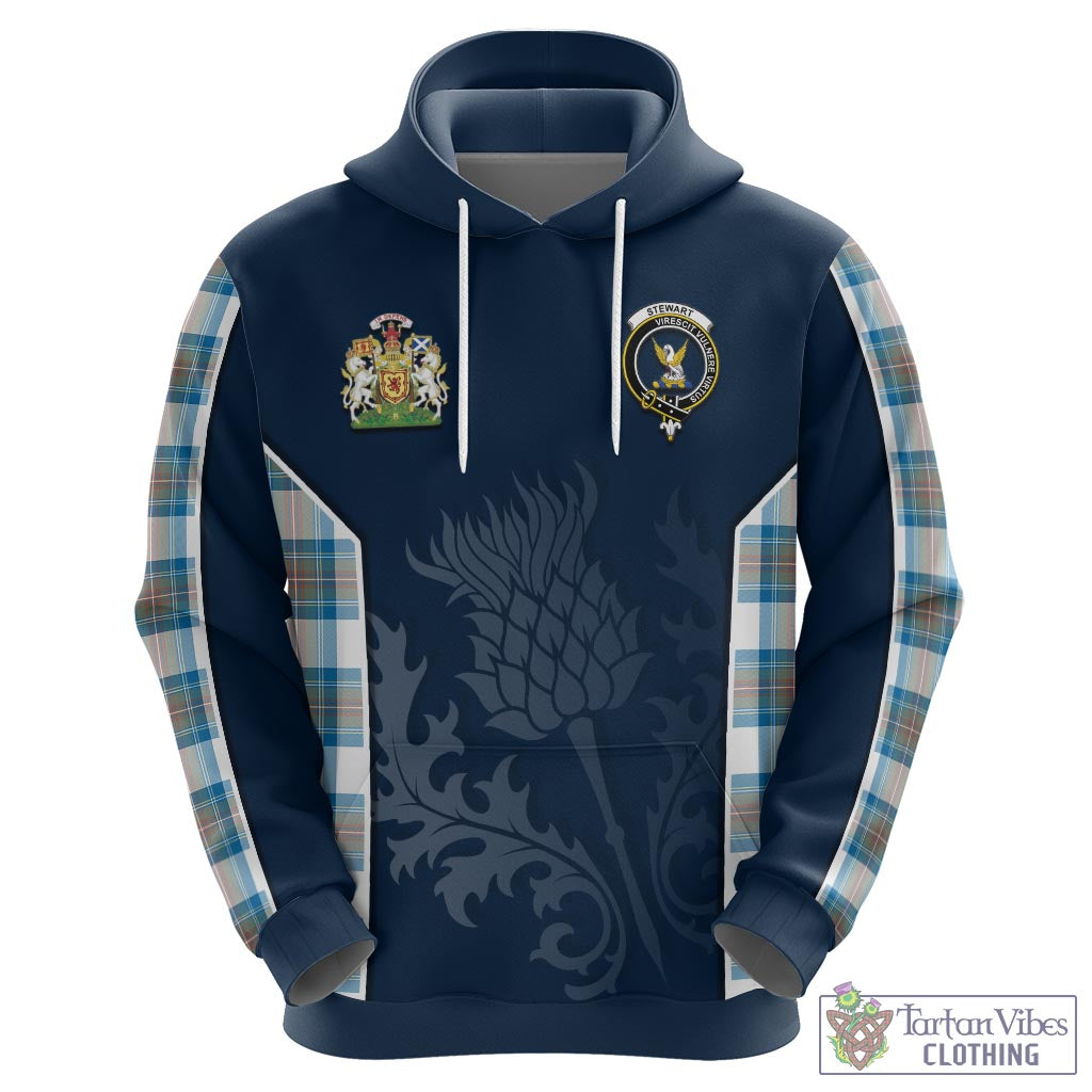 Tartan Vibes Clothing Stewart Muted Blue Tartan Hoodie with Family Crest and Scottish Thistle Vibes Sport Style