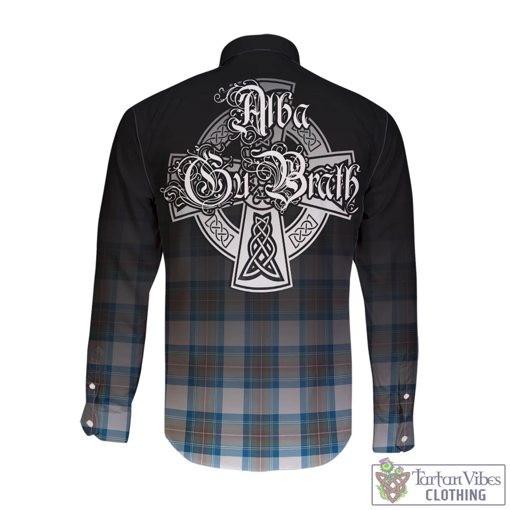 Tartan Vibes Clothing Stewart Muted Blue Tartan Long Sleeve Button Up Featuring Alba Gu Brath Family Crest Celtic Inspired