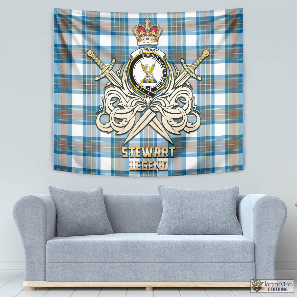 Tartan Vibes Clothing Stewart Muted Blue Tartan Tapestry with Clan Crest and the Golden Sword of Courageous Legacy