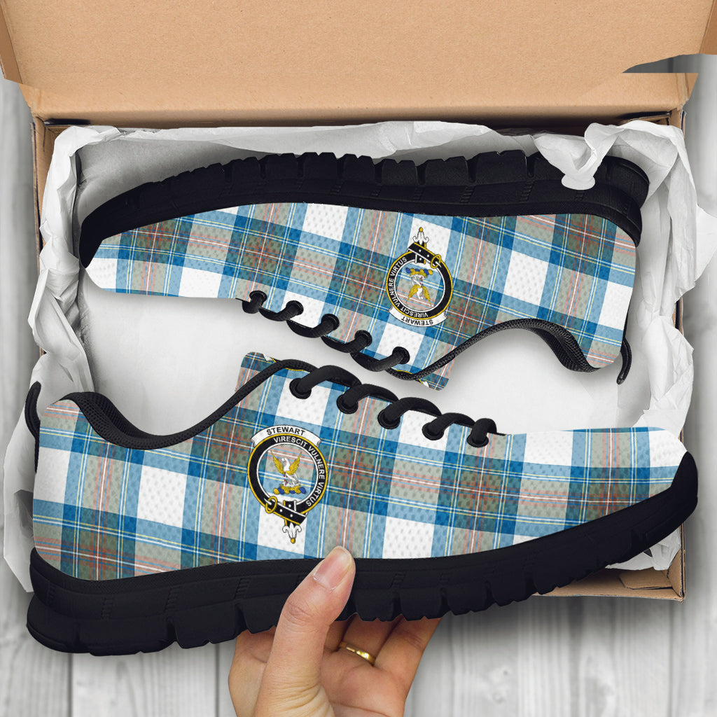 Stewart Muted Blue Tartan Sneakers with Family Crest - Tartan Vibes Clothing