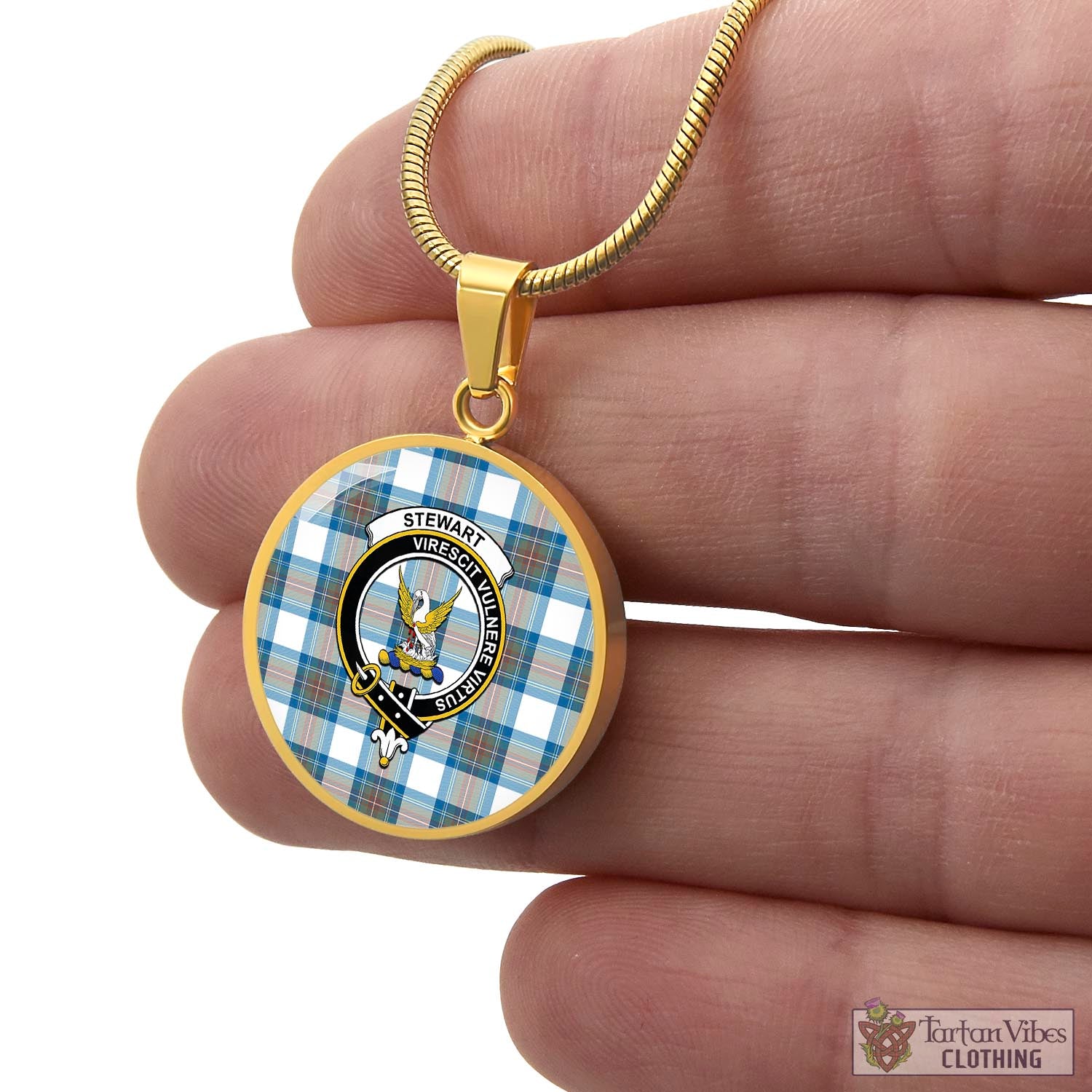 Tartan Vibes Clothing Stewart Muted Blue Tartan Circle Necklace with Family Crest