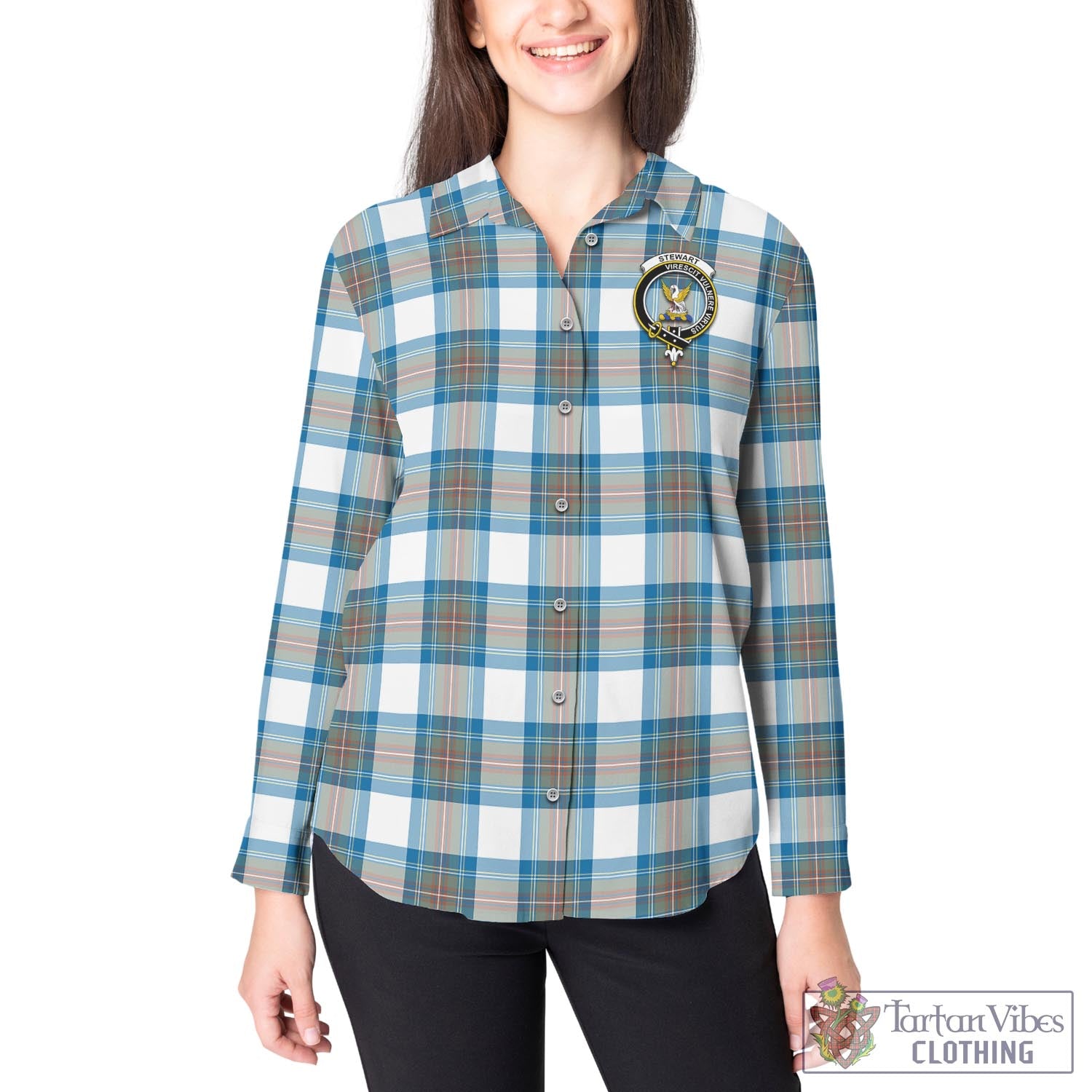 Tartan Vibes Clothing Stewart Muted Blue Tartan Womens Casual Shirt with Family Crest