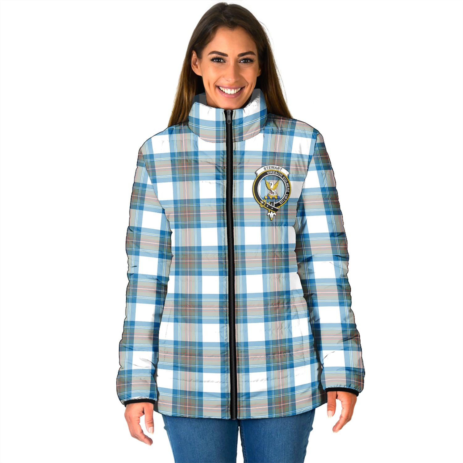 Stewart Muted Blue Tartan Padded Jacket with Family Crest - Tartan Vibes Clothing