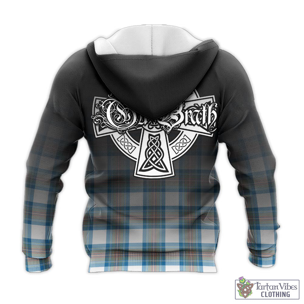 Tartan Vibes Clothing Stewart Muted Blue Tartan Knitted Hoodie Featuring Alba Gu Brath Family Crest Celtic Inspired