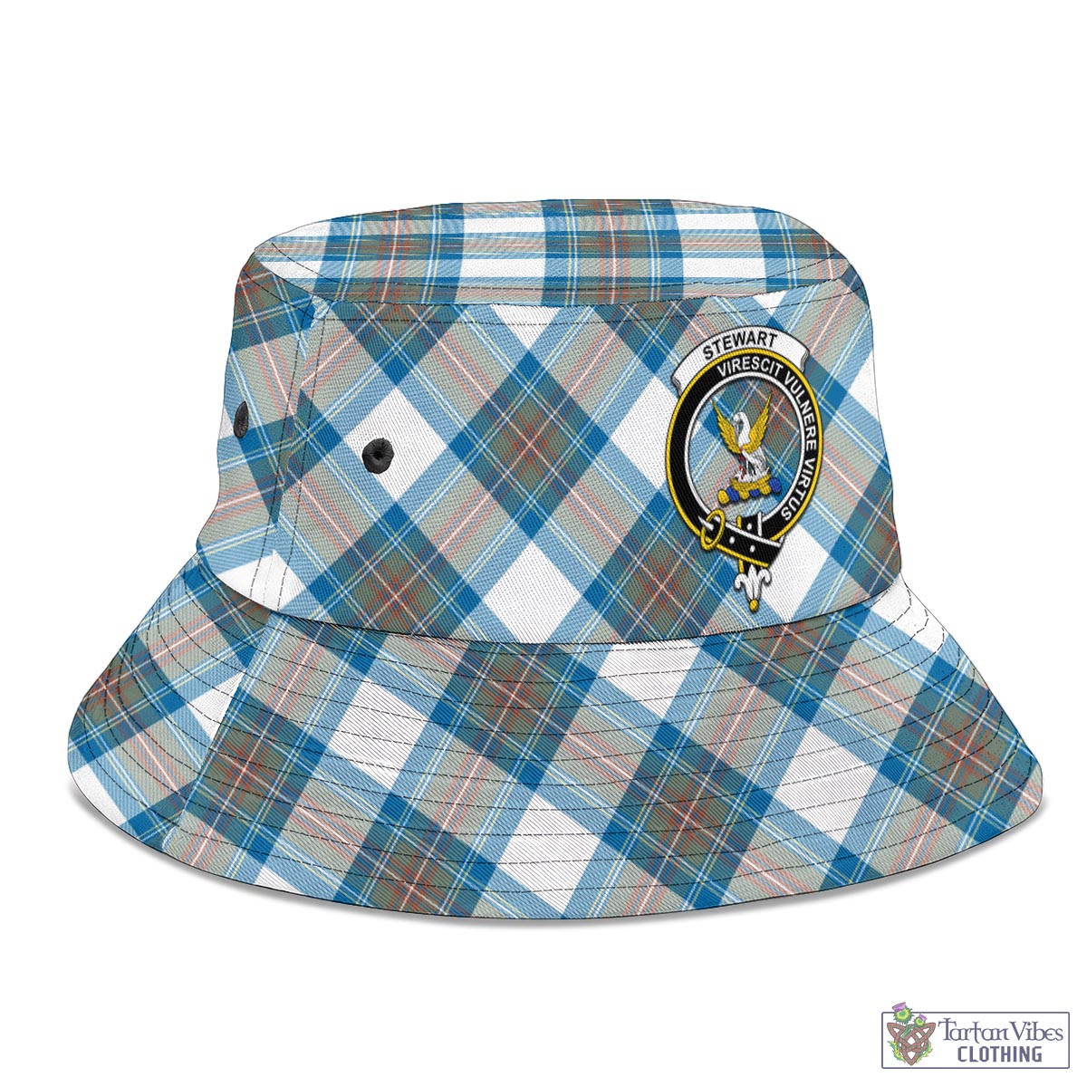 Tartan Vibes Clothing Stewart Muted Blue Tartan Bucket Hat with Family Crest