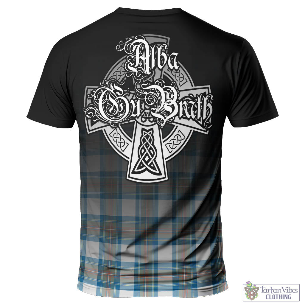 Tartan Vibes Clothing Stewart Muted Blue Tartan T-Shirt Featuring Alba Gu Brath Family Crest Celtic Inspired