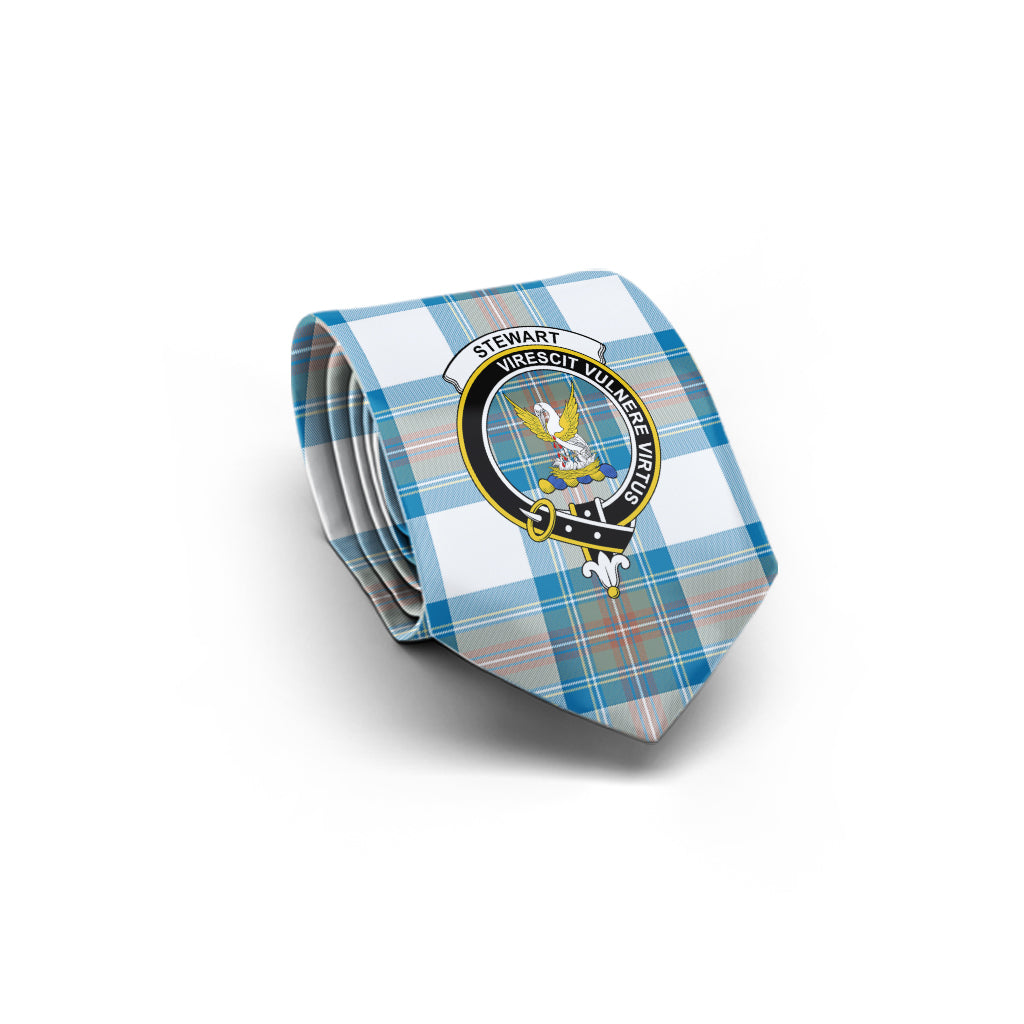 Stewart Muted Blue Tartan Classic Necktie with Family Crest - Tartan Vibes Clothing