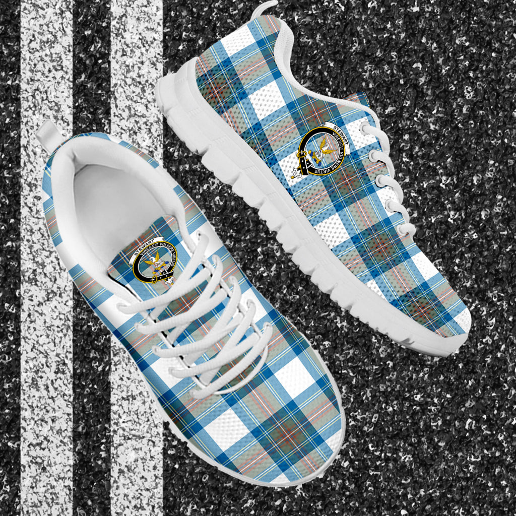 Stewart Muted Blue Tartan Sneakers with Family Crest - Tartan Vibes Clothing