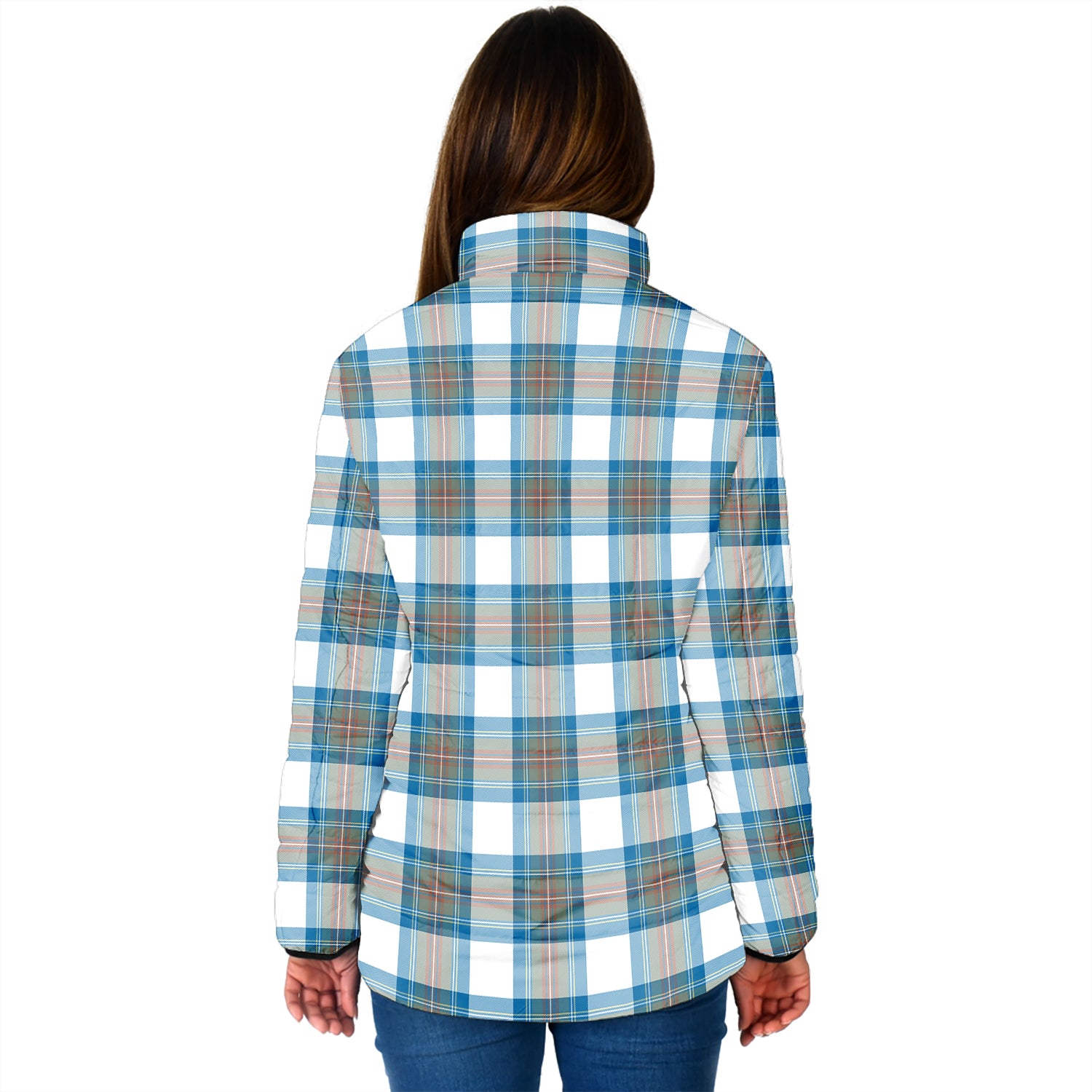 Stewart Muted Blue Tartan Padded Jacket with Family Crest - Tartan Vibes Clothing