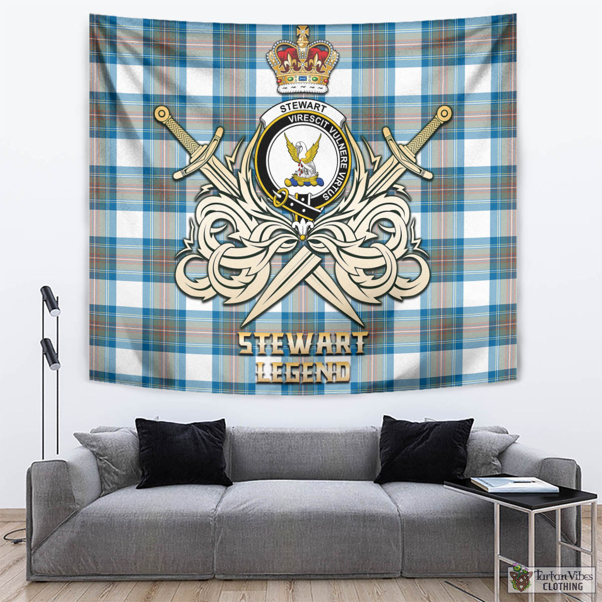 Tartan Vibes Clothing Stewart Muted Blue Tartan Tapestry with Clan Crest and the Golden Sword of Courageous Legacy