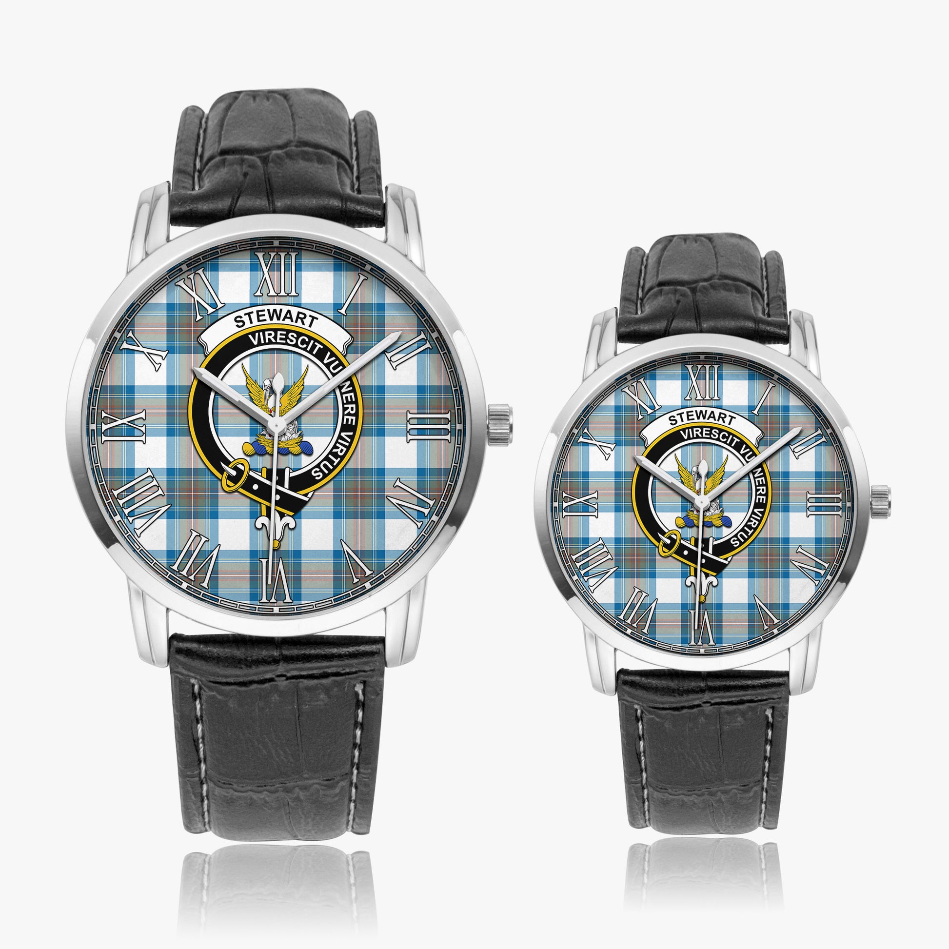 Stewart Muted Blue Tartan Family Crest Leather Strap Quartz Watch - Tartanvibesclothing