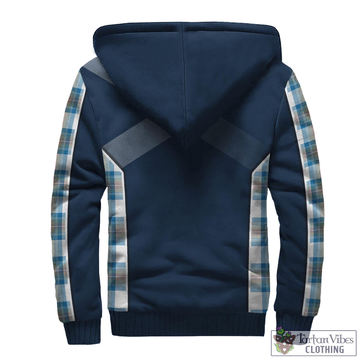 Tartan Vibes Clothing Stewart Muted Blue Tartan Sherpa Hoodie with Family Crest and Scottish Thistle Vibes Sport Style