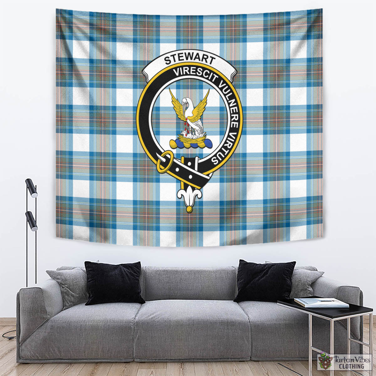 Tartan Vibes Clothing Stewart Muted Blue Tartan Tapestry Wall Hanging and Home Decor for Room with Family Crest