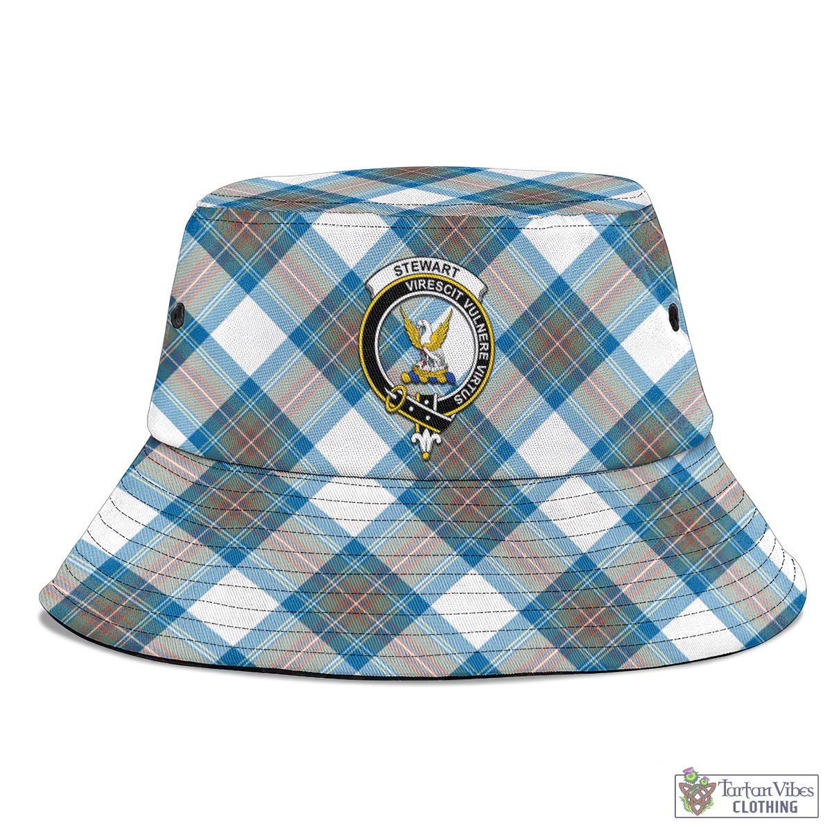 Tartan Vibes Clothing Stewart Muted Blue Tartan Bucket Hat with Family Crest