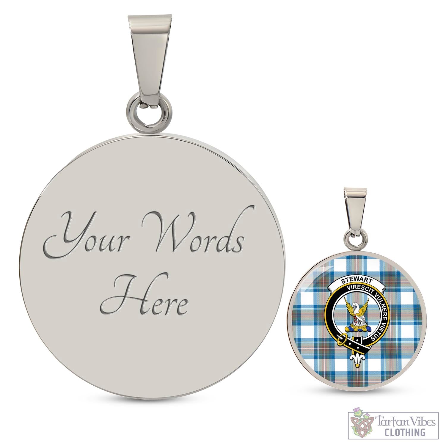 Tartan Vibes Clothing Stewart Muted Blue Tartan Circle Necklace with Family Crest