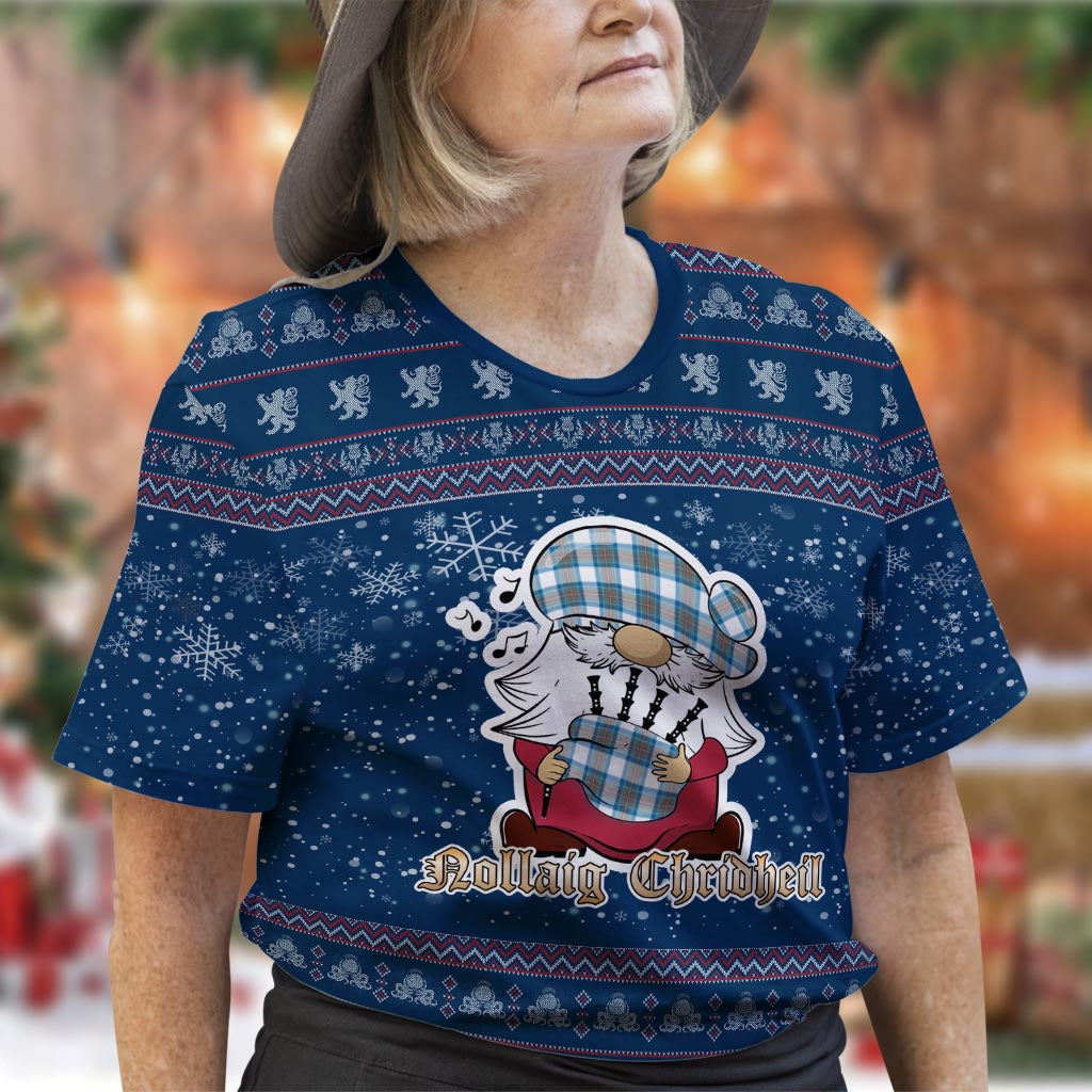 Stewart Muted Blue Clan Christmas Family T-Shirt with Funny Gnome Playing Bagpipes Women's Shirt Blue - Tartanvibesclothing