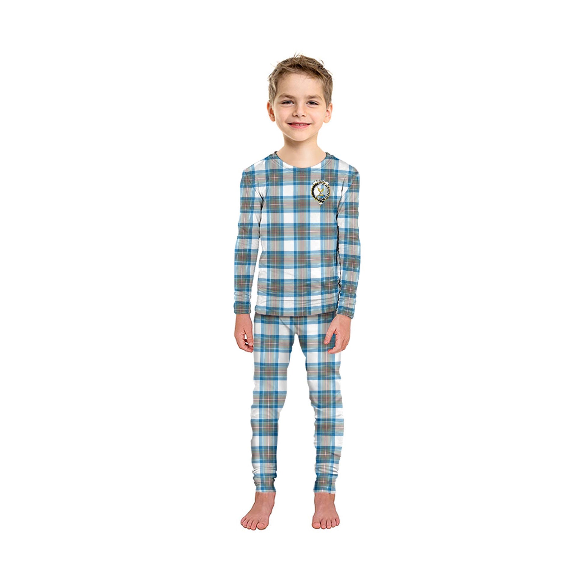 Stewart Muted Blue Tartan Pajamas Family Set with Family Crest - Tartanvibesclothing