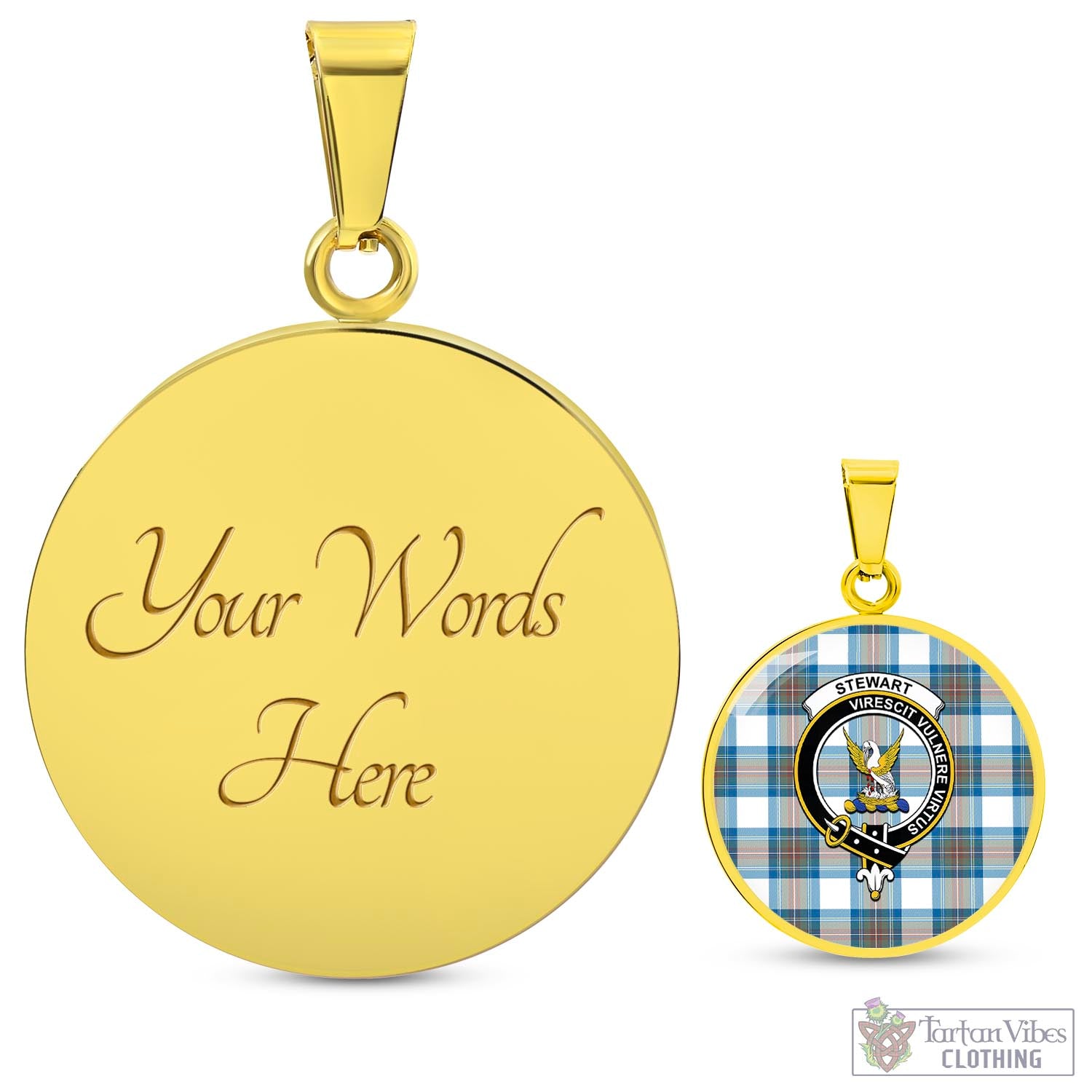 Tartan Vibes Clothing Stewart Muted Blue Tartan Circle Necklace with Family Crest