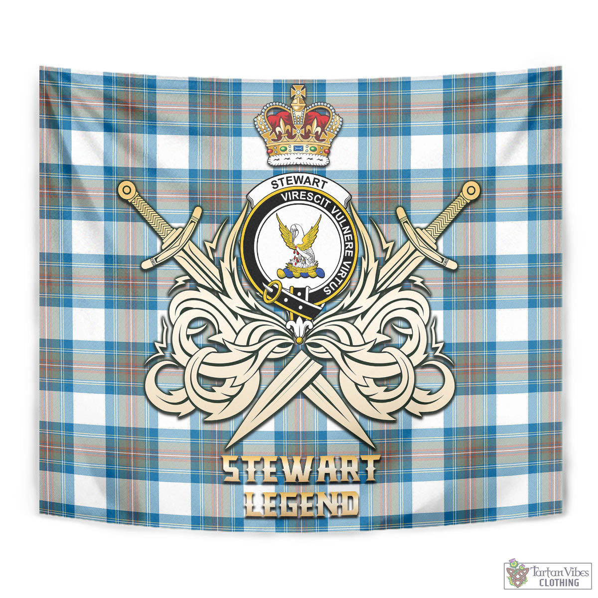 Tartan Vibes Clothing Stewart Muted Blue Tartan Tapestry with Clan Crest and the Golden Sword of Courageous Legacy