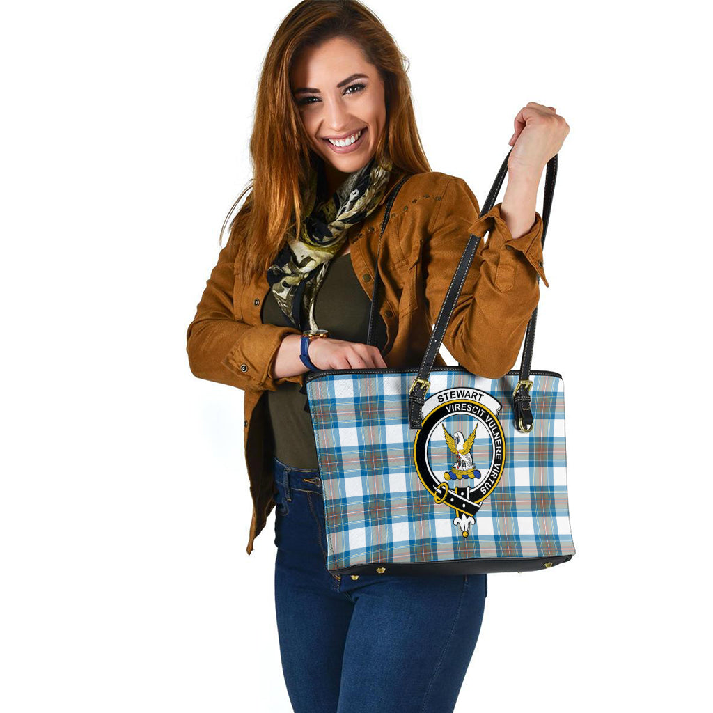 Stewart Muted Blue Tartan Leather Tote Bag with Family Crest - Tartan Vibes Clothing